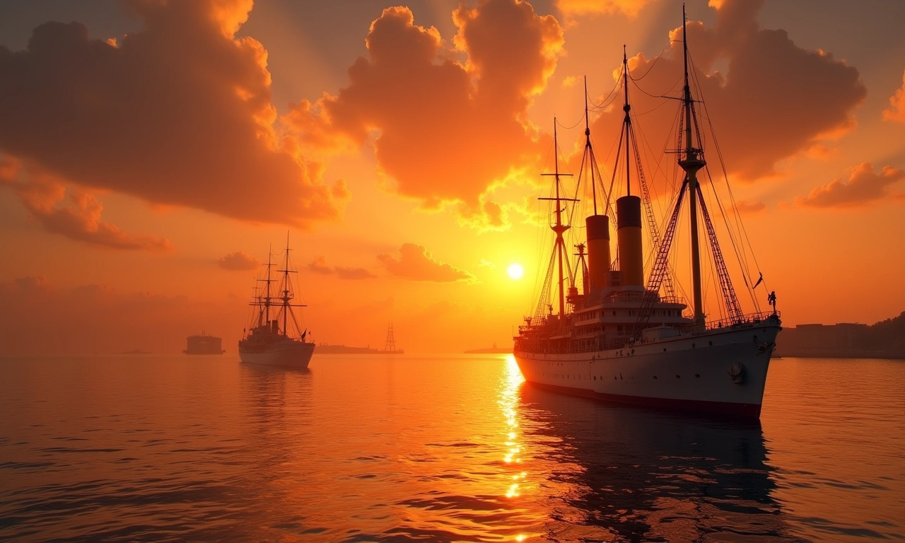 A weathered American steamer ship approaching a harbor at dawn, silhouetted against the rising sun., photorealistic, 8k, highly detailed, cinematic lighting