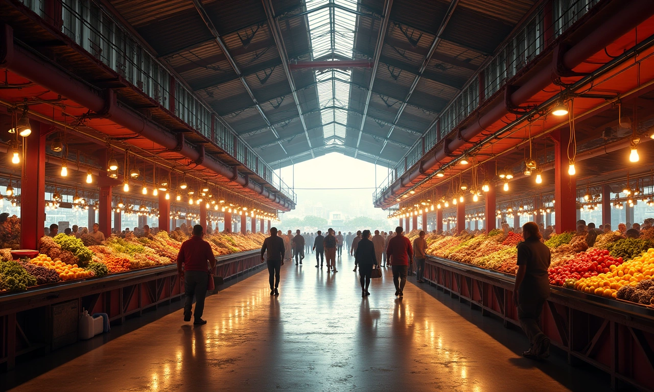 Interior shot of the Marché en Fer (Iron Market) in Haiti, bustling with activity but absent of people, showcasing the architecture and design., photorealistic, 8k, highly detailed, cinematic lighting