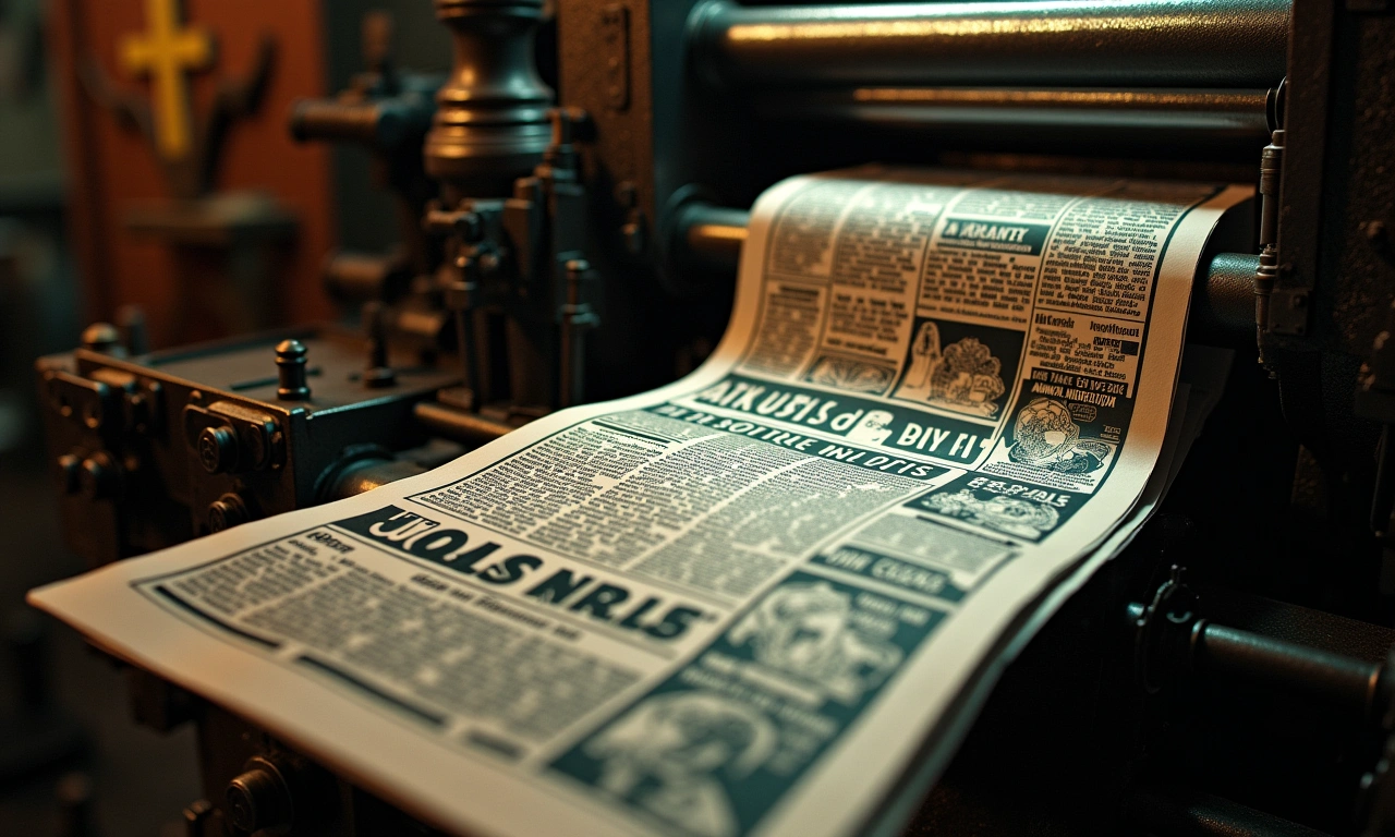 A printing press churning out copies of 'La Croix' newspaper, with text criticizing Vodou practices, set against a backdrop of religious symbols., photorealistic, 8k, highly detailed, cinematic lighting
