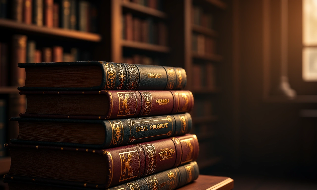 Stack of old, leather-bound books with gilded lettering in a dimly lit library, representing Antenor Firmin's literary contributions and the intellectual atmosphere of the time., photorealistic, 8k, highly detailed, cinematic lighting