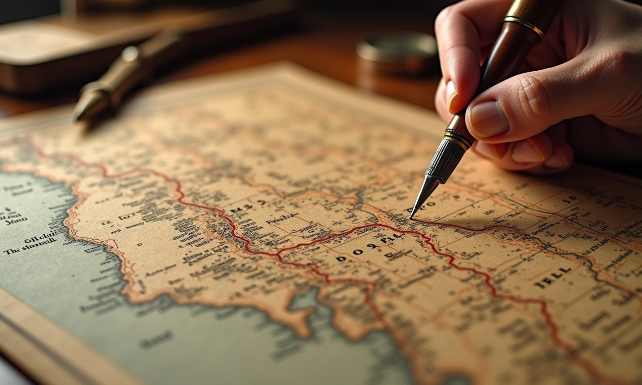 Close-up of antique documents and maps spread across a wooden table, highlighting a border dispute with faded ink and quill pens., photorealistic, 8k, highly detailed, cinematic lighting