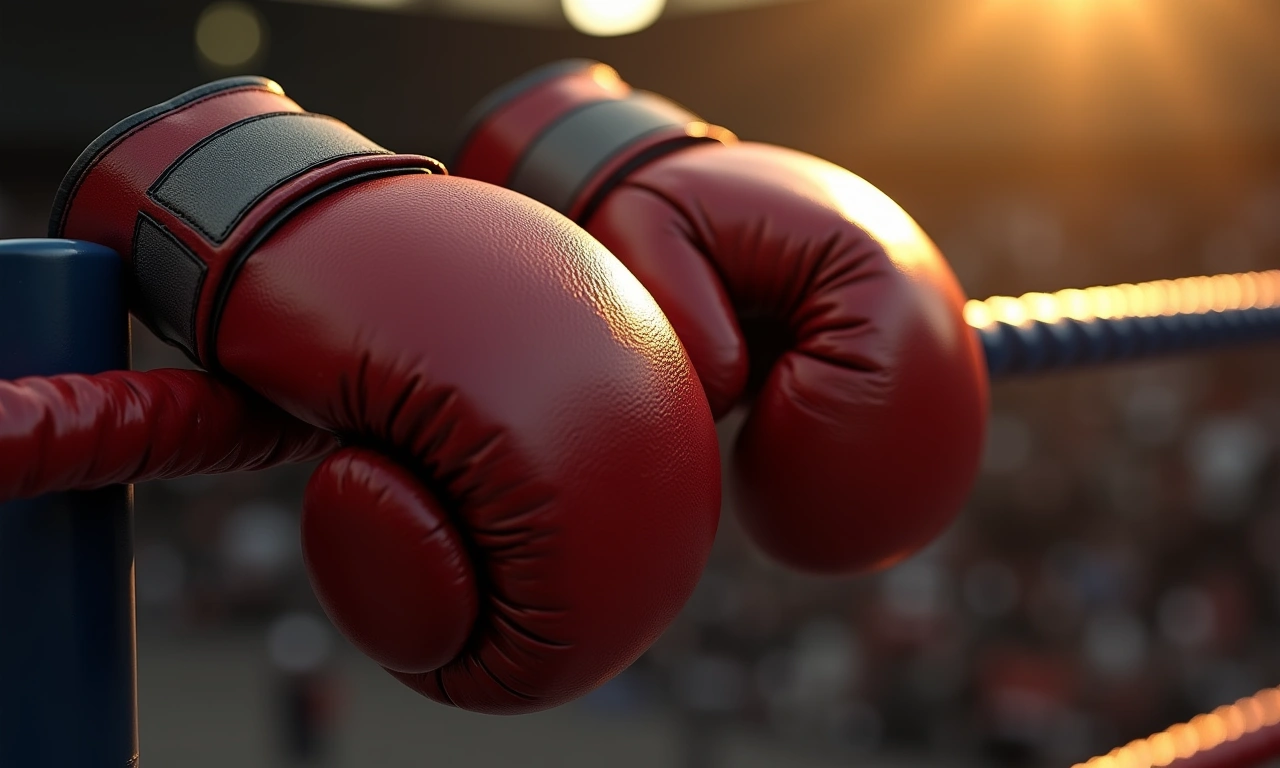 Close up of worn, slightly scuffed boxing gloves resting on boxing ring ropes, sunlight coming in from the side., photorealistic, 8k, highly detailed, cinematic lighting