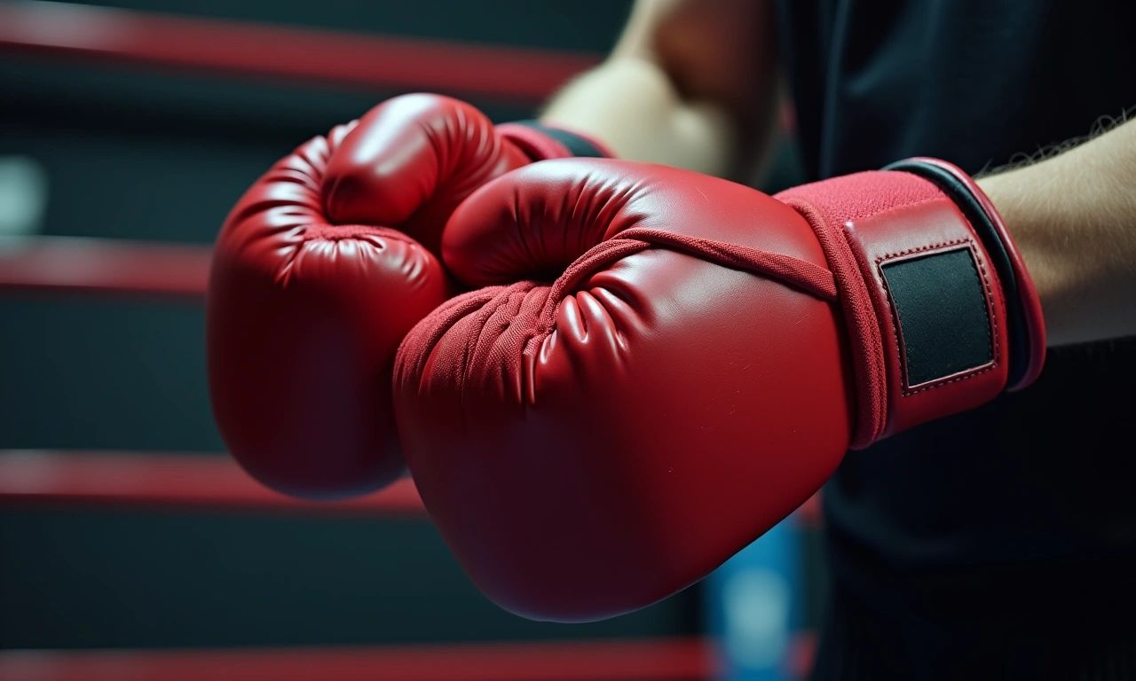 Close up of gloved hands wrapping a boxing hand wrap with focus on the intricate layers and texture of the wrap, boxing gym in background., photorealistic, 8k, highly detailed, cinematic lighting