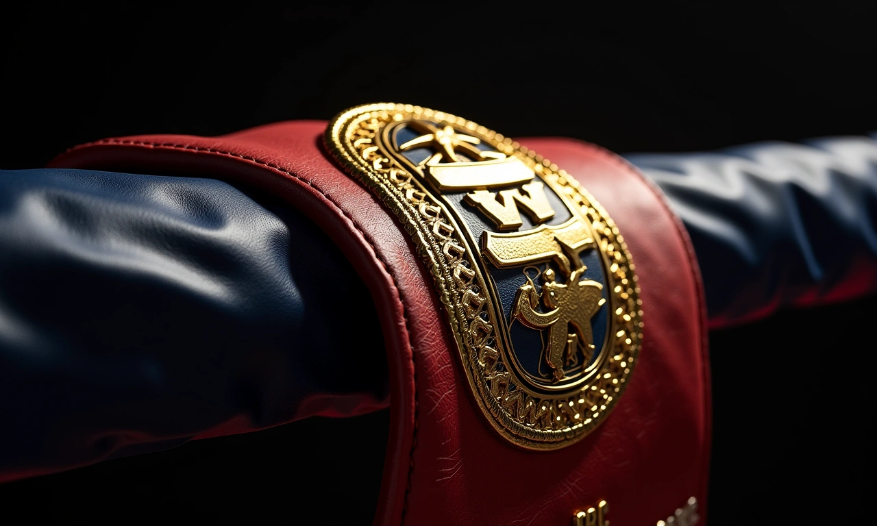 Close up of a WBC championship boxing belt, showcasing the intricate details of the gold plating, leather, and emblem, draped over a dark boxing ring rope., photorealistic, 8k, highly detailed, cinematic lighting