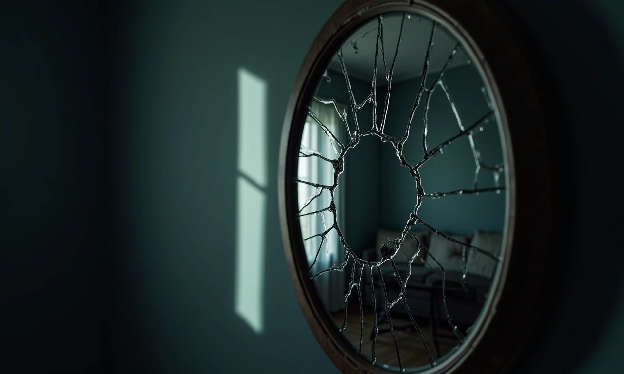 A cracked mirror reflecting a distorted view of a room, with shadows looming in the background, symbolizing the fractured reality of domestic violence., photorealistic, 8k, highly detailed, cinematic lighting