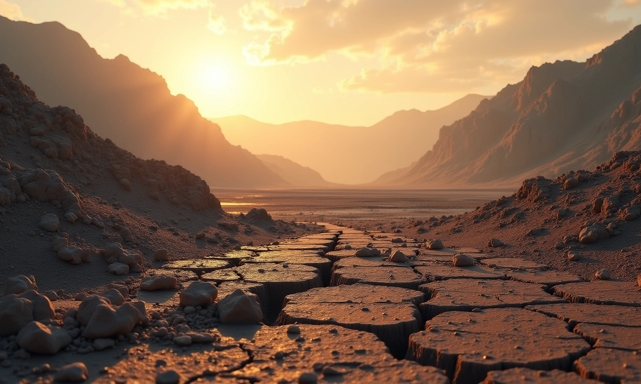 A desolate landscape with cracked earth and debris, suggesting the aftermath of a natural disaster and national trauma., photorealistic, 8k, highly detailed, cinematic lighting