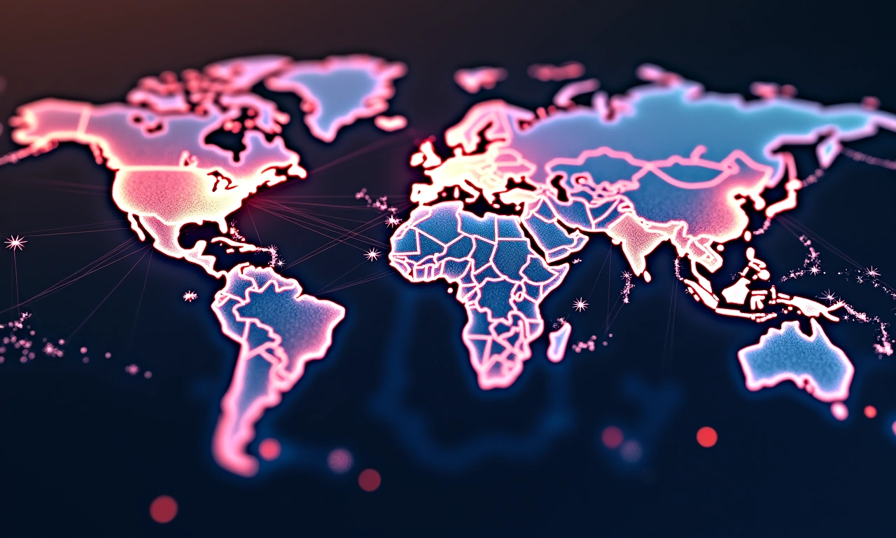 Aerial view of a world map with interconnected lines representing music distribution routes, glowing in vibrant colors., photorealistic, 8k, highly detailed, cinematic lighting