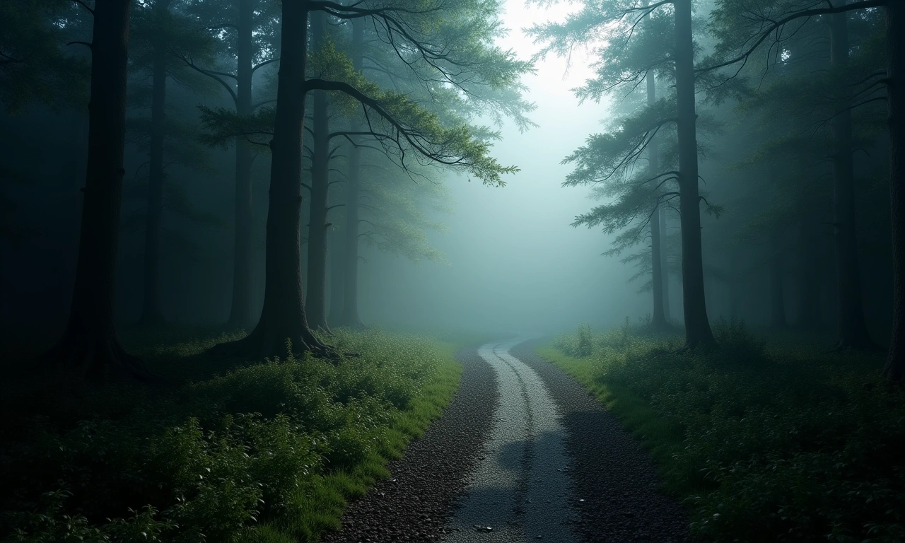 A winding path disappearing into a dense, foggy forest, with shadows obscuring the way forward., photorealistic, 8k, highly detailed, cinematic lighting