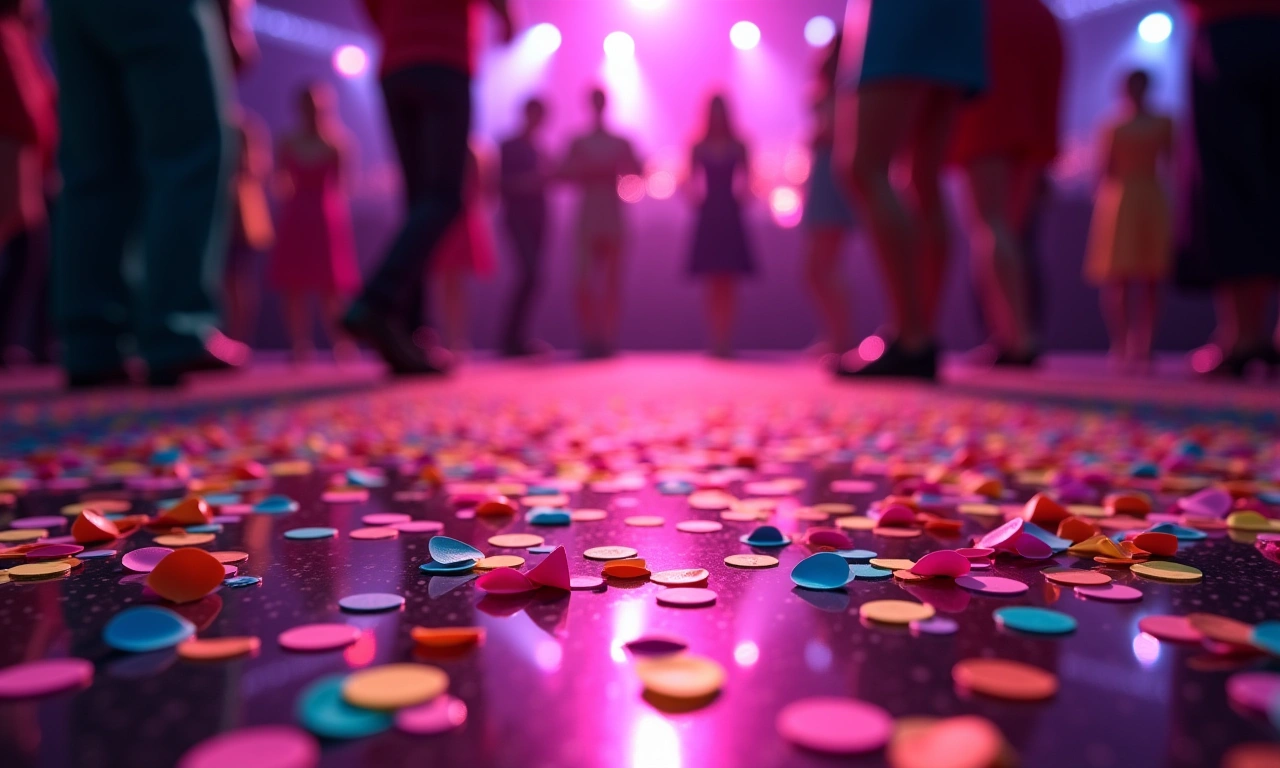Overhead shot of vibrant confetti scattered across a polished dance floor, with blurred figures in motion in the background., photorealistic, 8k, highly detailed, cinematic lighting