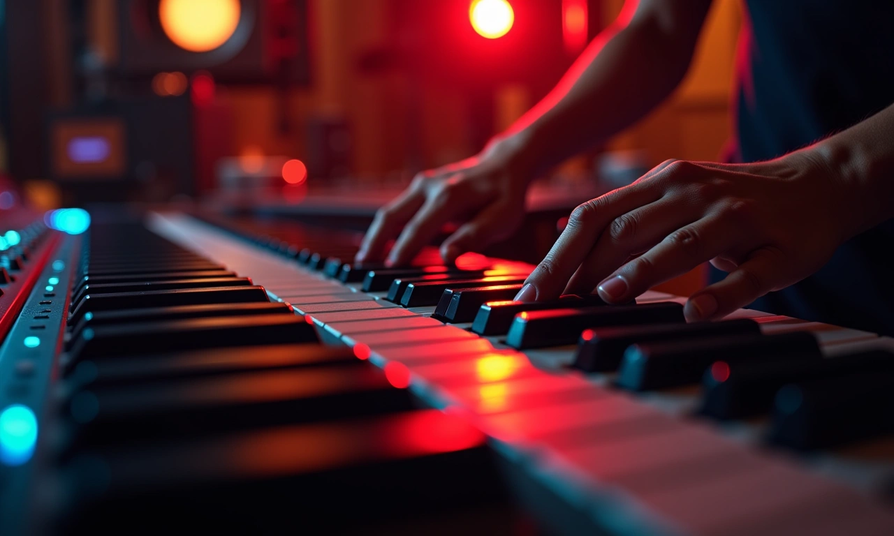 Close-up of hands playing multiple keyboards and other instruments in a recording studio, illuminated by the warm glow of console lights., photorealistic, 8k, highly detailed, cinematic lighting
