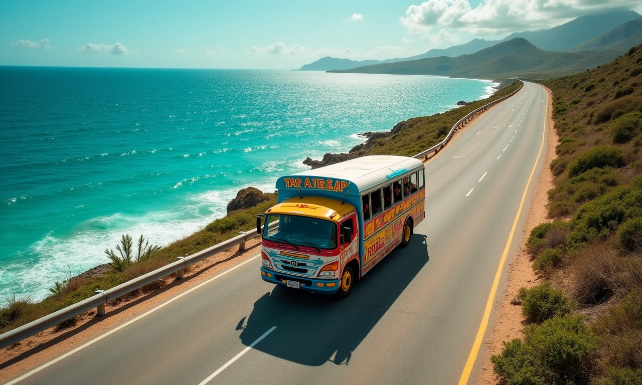 Aerial view of a colorful Haitian tap-tap bus driving along a coastal road, with the turquoise ocean visible in the background., photorealistic, 8k, highly detailed, cinematic lighting