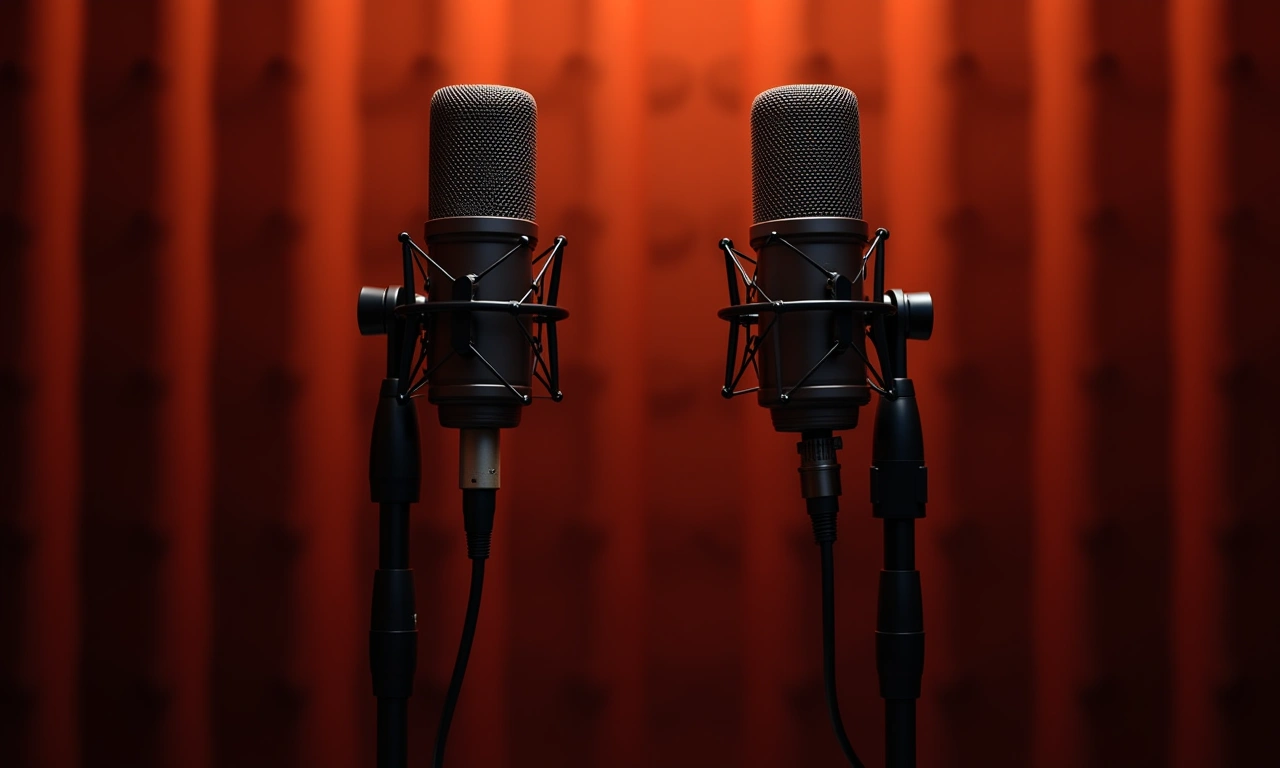 Two microphones on stands facing each other in a dim recording studio, with warm, inviting lighting and blurred soundproofing panels in the background., photorealistic, 8k, highly detailed, cinematic lighting