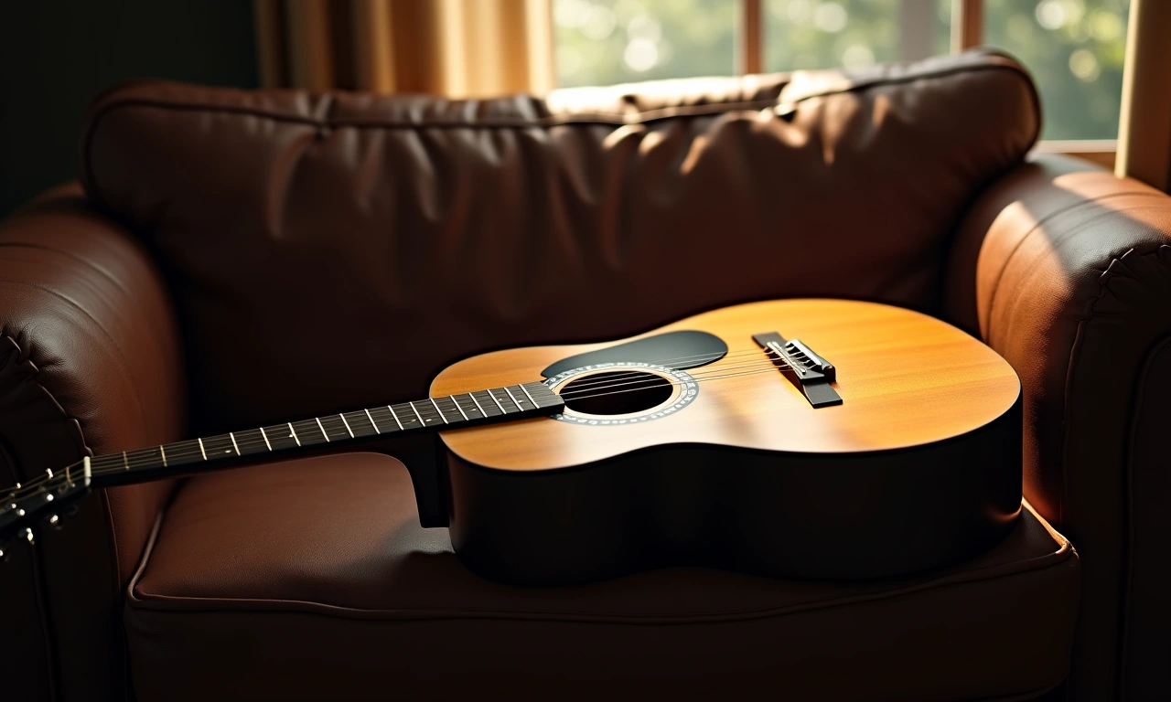 Acoustic guitar lying on a worn leather couch, bathed in soft, melancholic light., photorealistic, 8k, highly detailed, cinematic lighting