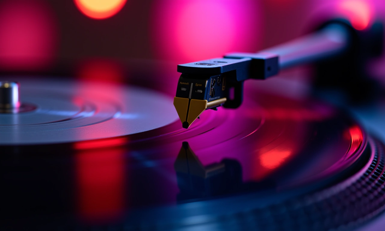 Close-up of a turntable needle dropping onto a spinning vinyl record, bathed in the colorful lights of a dance floor., photorealistic, 8k, highly detailed, cinematic lighting