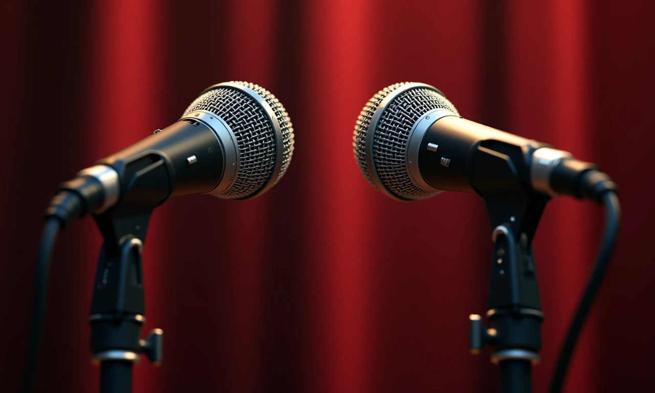 Close-up of two microphones on stands in a recording studio, side-by-side, suggesting a collaborative musical effort., photorealistic, 8k, highly detailed, cinematic lighting