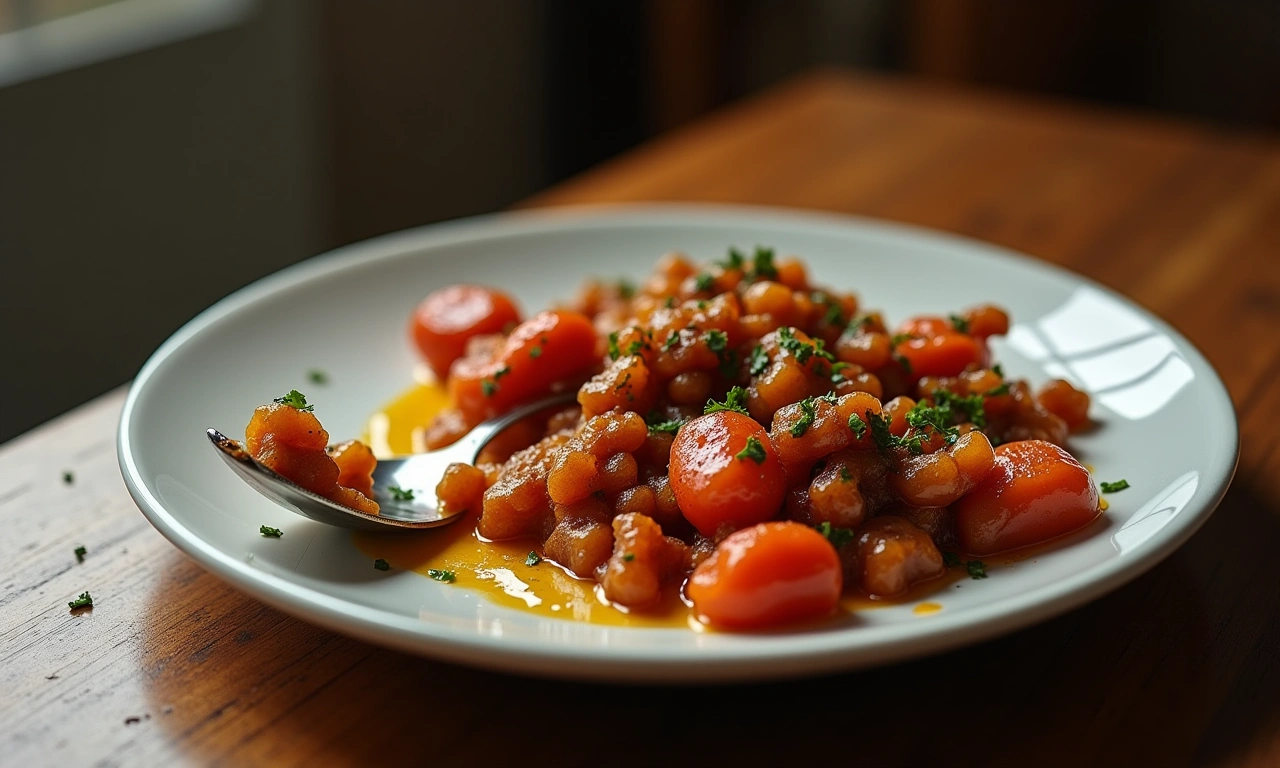 A half-eaten plate of Haitian Griot with pikliz on a wooden table, evoking the theme of domesticity and imperfect love., photorealistic, 8k, highly detailed, cinematic lighting