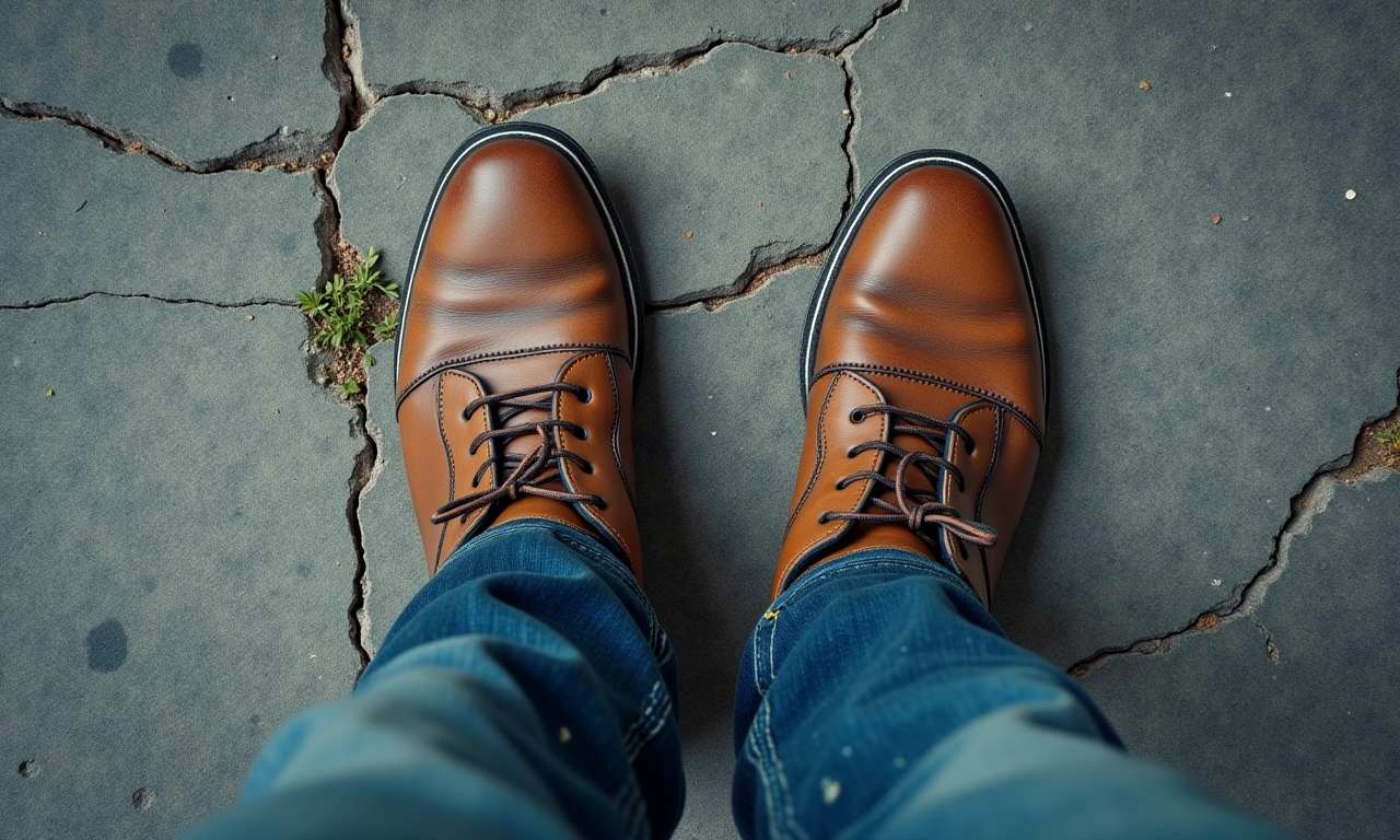 Overhead shot of worn shoes walking on a cracked city sidewalk in a low-income neighborhood., photorealistic, 8k, highly detailed, cinematic lighting