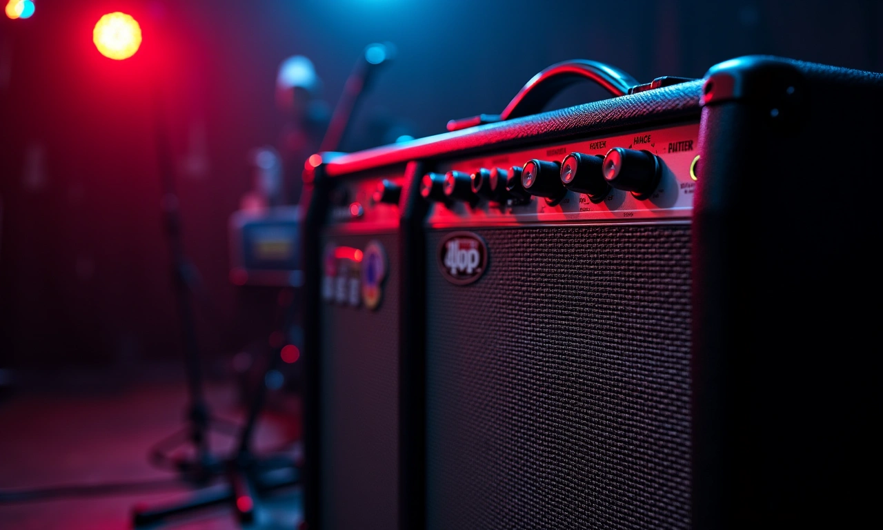 Close-up shot of a guitar amplifier with Haitian artwork stickers on it, placed on a dimly lit stage., photorealistic, 8k, highly detailed, cinematic lighting