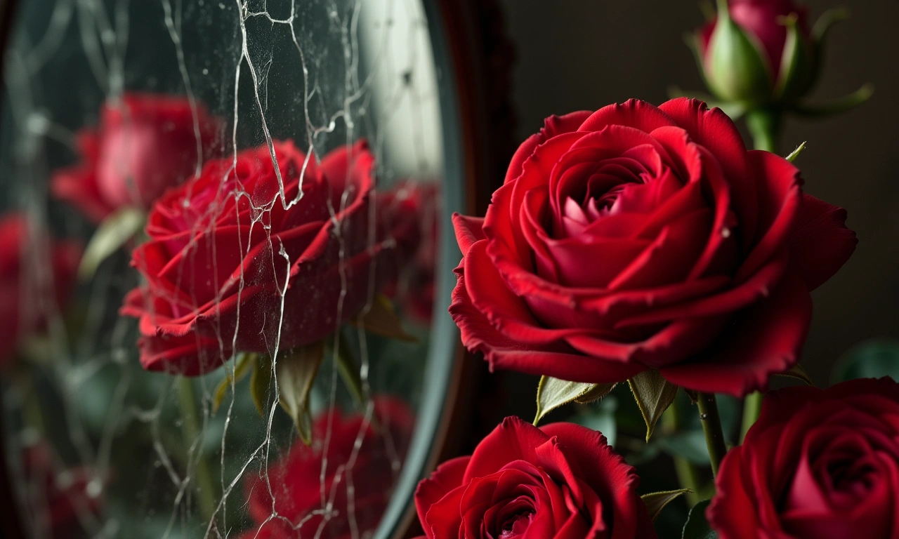 Close-up shot of a cracked, vintage mirror reflecting distorted images of wilting red roses., photorealistic, 8k, highly detailed, cinematic lighting