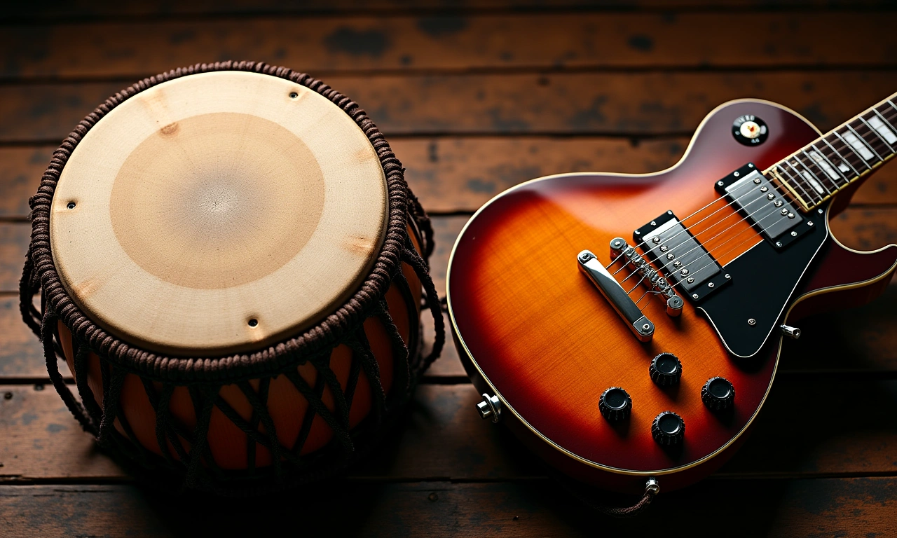 Overhead shot of two distinct musical instruments placed side by side - a traditional Haitian drum and an electric guitar - with their respective cables intertwining., photorealistic, 8k, highly detailed, cinematic lighting