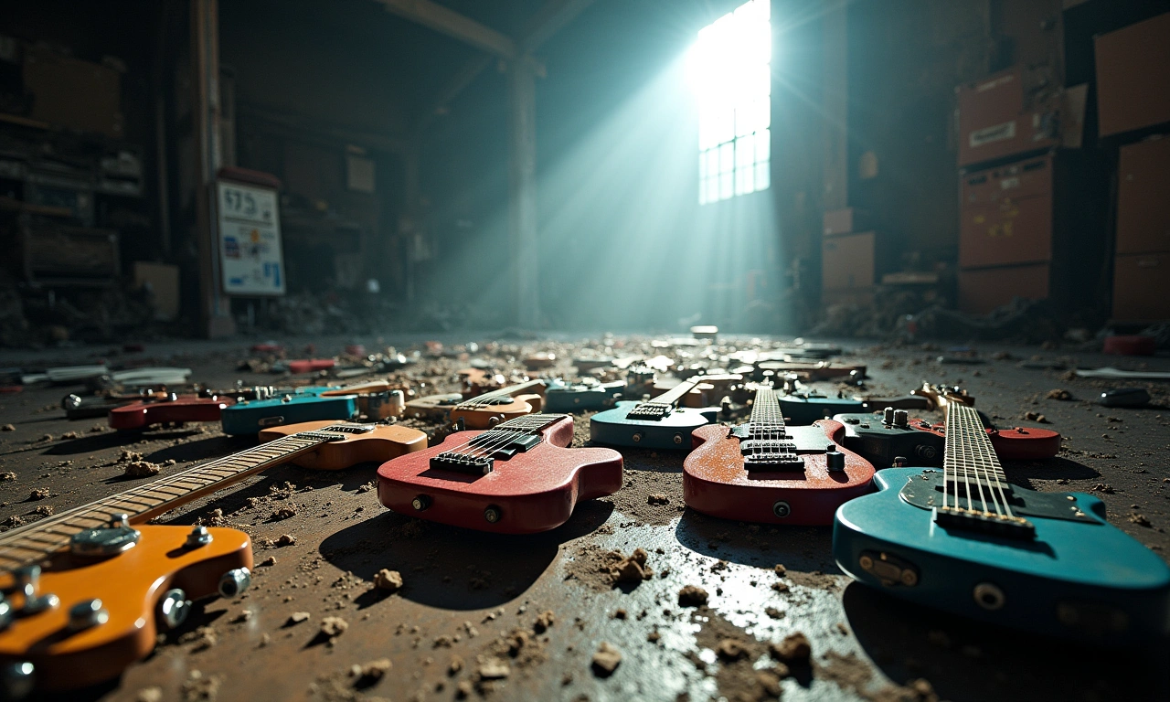 Wide shot of shattered guitar pedals scattered across a dusty warehouse floor, illuminated by a single spotlight., photorealistic, 8k, highly detailed, cinematic lighting