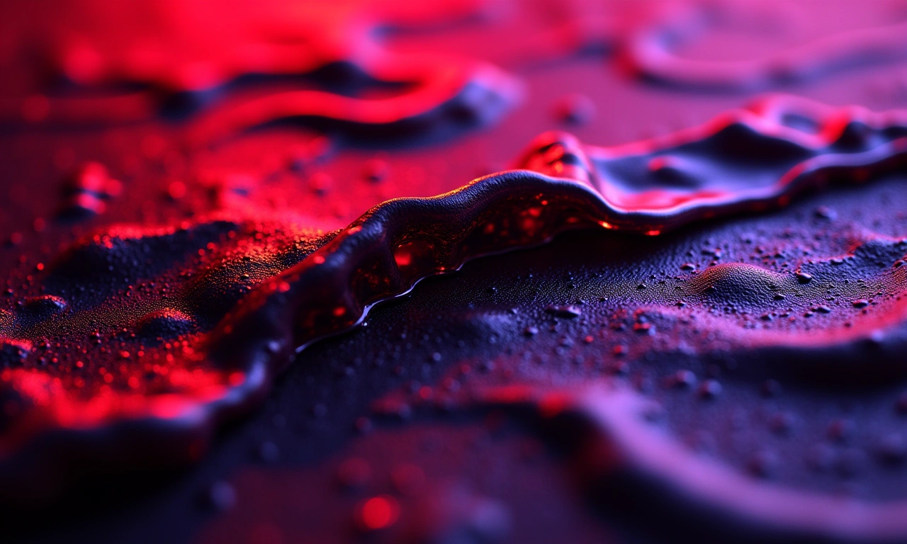 Abstract, high-contrast image of dark liquid spreading across a textured surface, illuminated with deep red and purple light., photorealistic, 8k, highly detailed, cinematic lighting