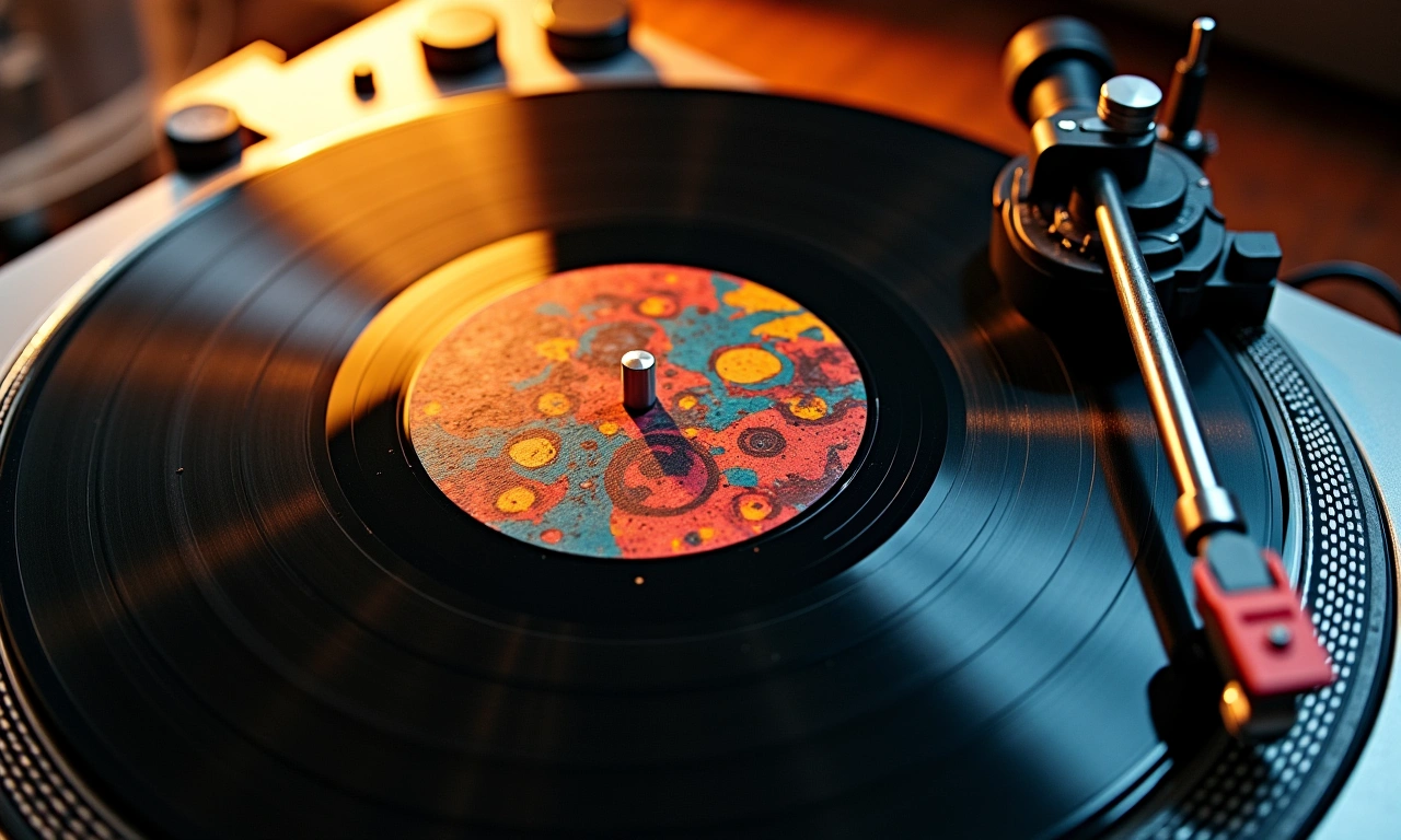 Overhead shot of a vinyl record spinning on a turntable, the album cover featuring abstract art inspired by Haitian textiles., photorealistic, 8k, highly detailed, cinematic lighting