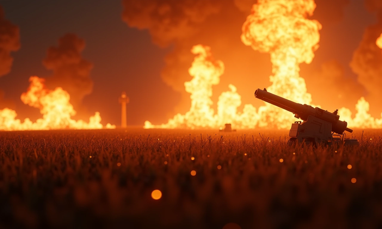Wide angle of a field of fire, smoke billowing in the background, cannons in the foreground., photorealistic, 8k, highly detailed, cinematic lighting