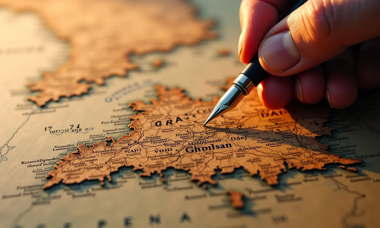 Sepia toned map of Grenada with a quill pen resting on it., photorealistic, 8k, highly detailed, cinematic lighting