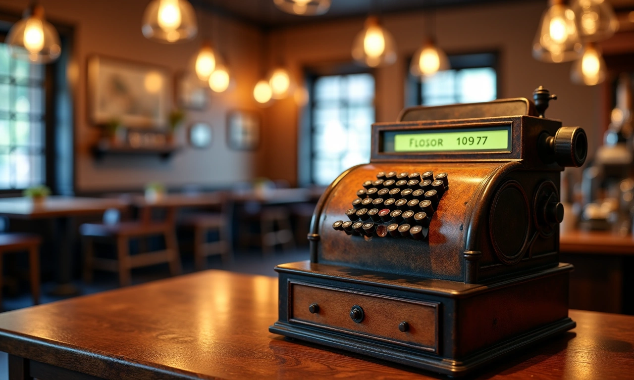 A vintage cash register sitting on a wooden countertop with an out-of-focus dining room in the background., photorealistic, 8k, highly detailed, cinematic lighting