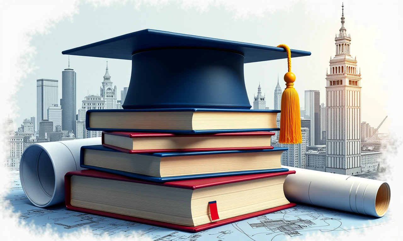 A collage featuring academic textbooks, a graduation cap, and architectural blueprints, symbolizing diverse fields of study., photorealistic, 8k, highly detailed, cinematic lighting