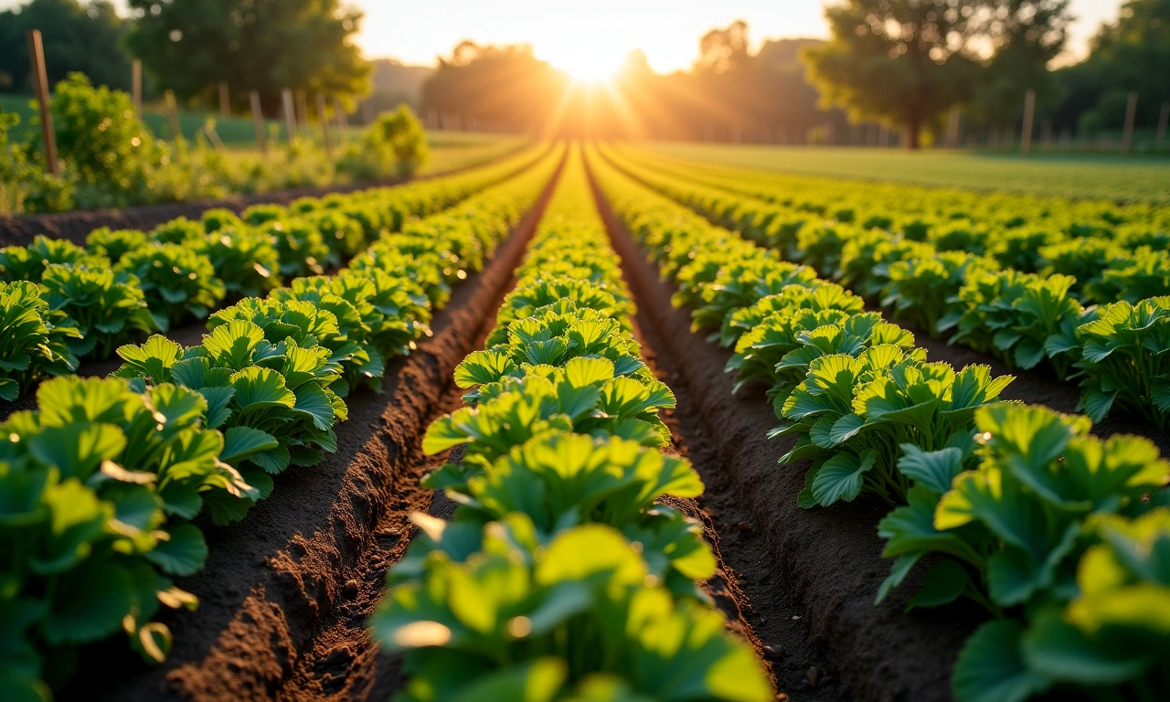 Aerial view of neat rows of crops in a community garden, flourishing under the bright sun, symbolizing sustainable agriculture., photorealistic, 8k, highly detailed, cinematic lighting