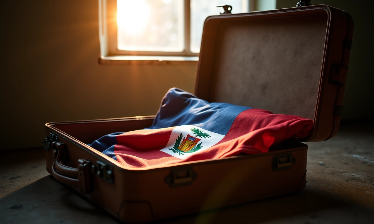Sunlight streaming through a window onto a worn suitcase, open with a partially visible Haitian flag inside., photorealistic, 8k, highly detailed, cinematic lighting