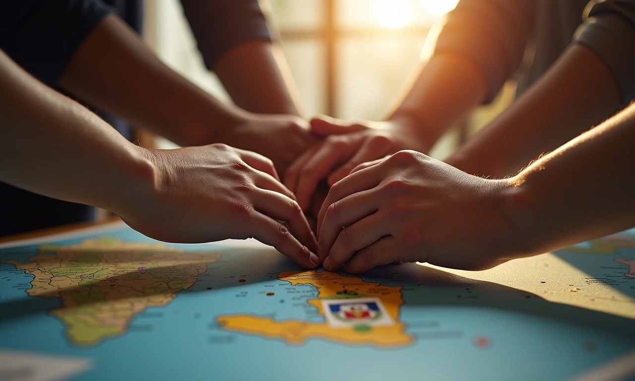 Close-up of five pairs of hands clasped together over a table with a map of Haiti, bathed in soft light., photorealistic, 8k, highly detailed, cinematic lighting