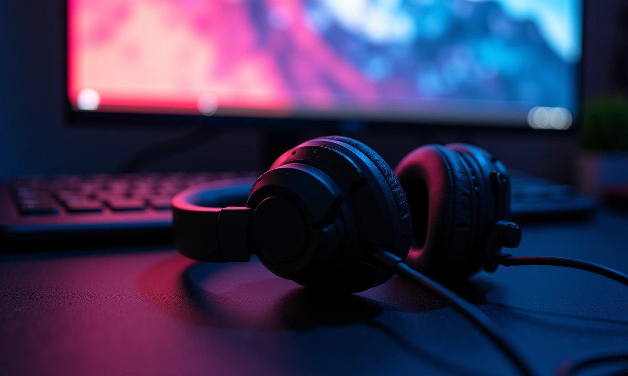 Close-up shot of a pair of wireless headphones resting on a desk, bathed in the soft glow of a computer screen, representing the intersection of digital media and music industry., photorealistic, 8k, highly detailed, cinematic lighting