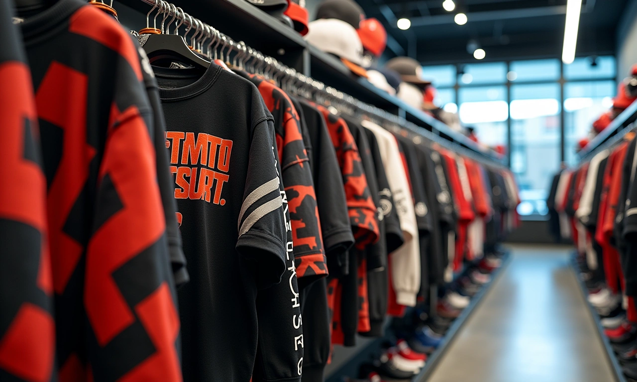 A rack of urban streetwear with bold graphic designs and hip-hop aesthetics in a brightly lit retail space., photorealistic, 8k, highly detailed, cinematic lighting