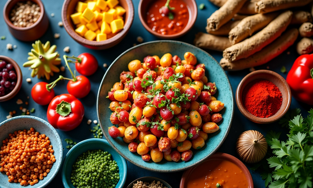 Overhead shot of a table laden with colorful Haitian dishes, with vibrant spices and ingredients, evoking a sense of family and tradition., photorealistic, 8k, highly detailed, cinematic lighting