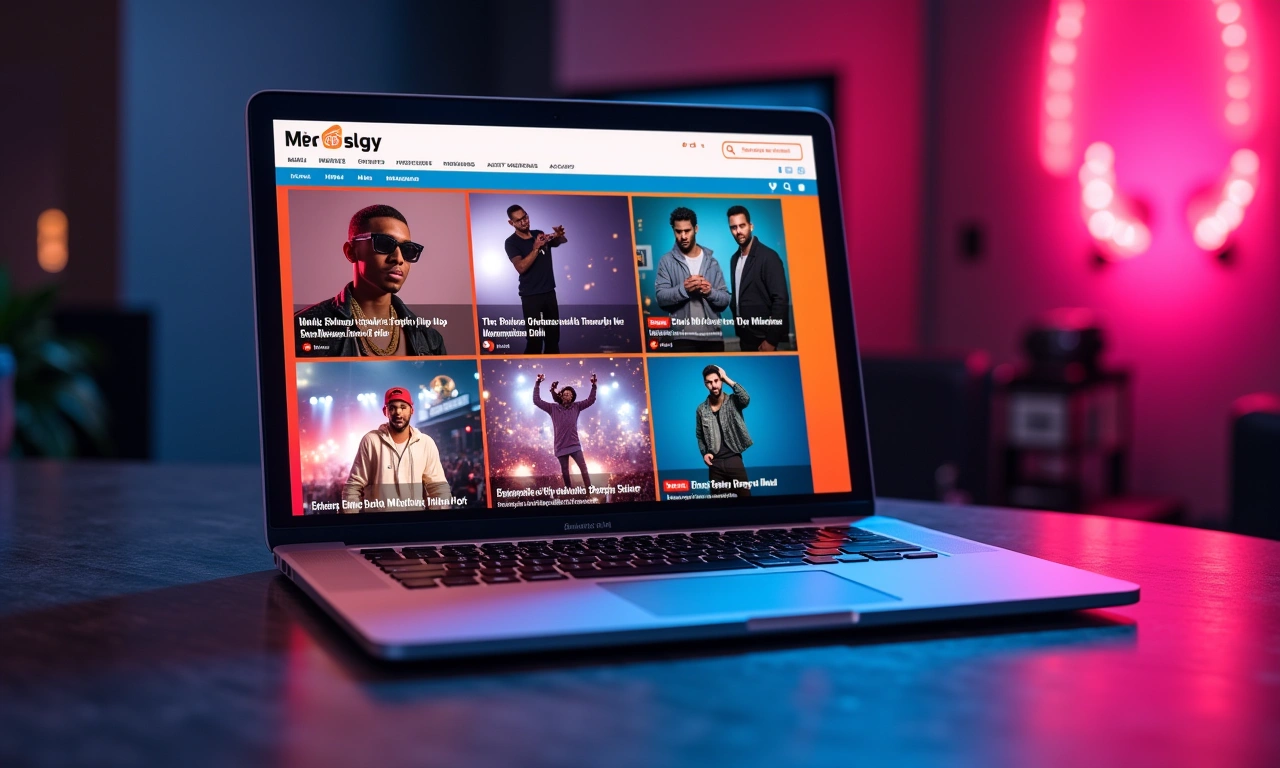 A laptop displaying a vibrant blog interface with articles on emerging hip-hop artists, showcasing a clean and modern design., photorealistic, 8k, highly detailed, cinematic lighting
