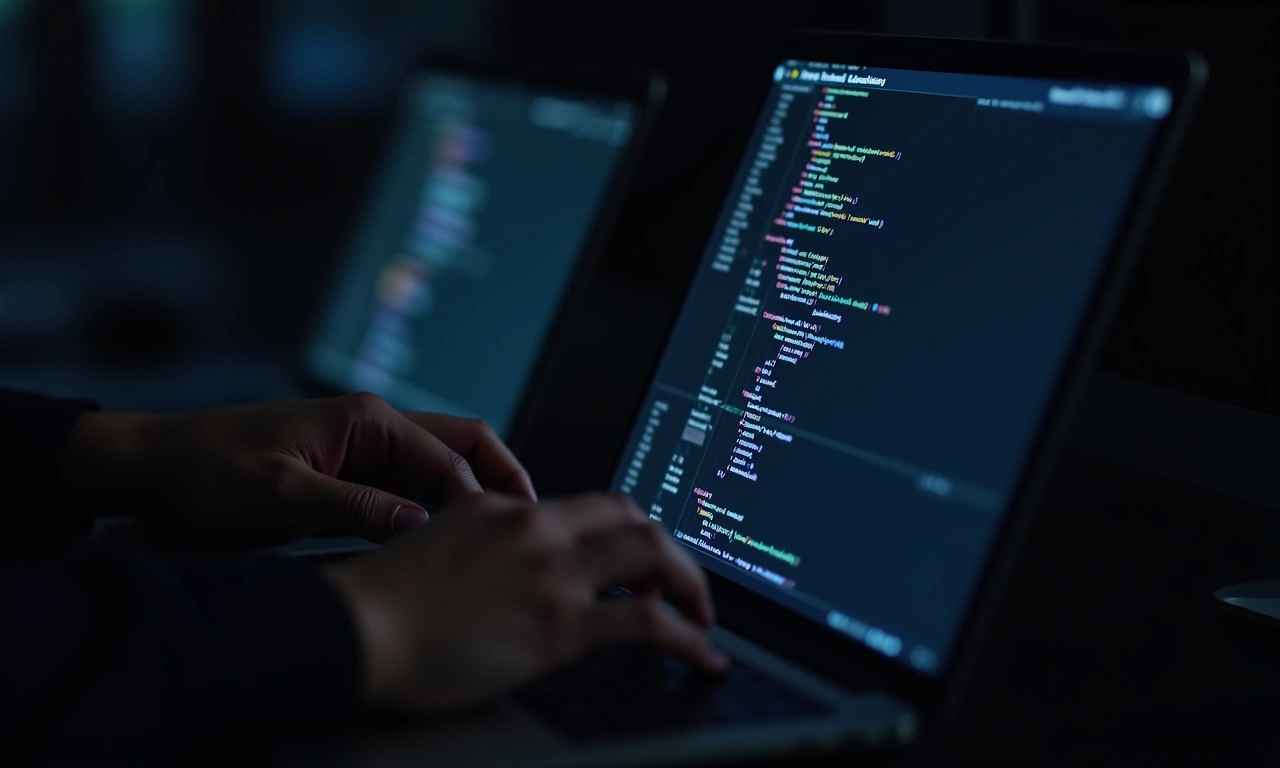 A dimly lit photograph of hands meticulously designing a website interface, with code visible on a glowing screen, symbolizing digital strategy and artist brand management., photorealistic, 8k, highly detailed, cinematic lighting