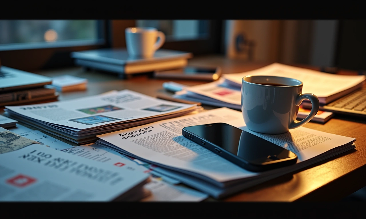 A busy desk in Los Angeles, covered in industry magazines, a half-empty coffee cup, and a smartphone lighting up with notifications., photorealistic, 8k, highly detailed, cinematic lighting