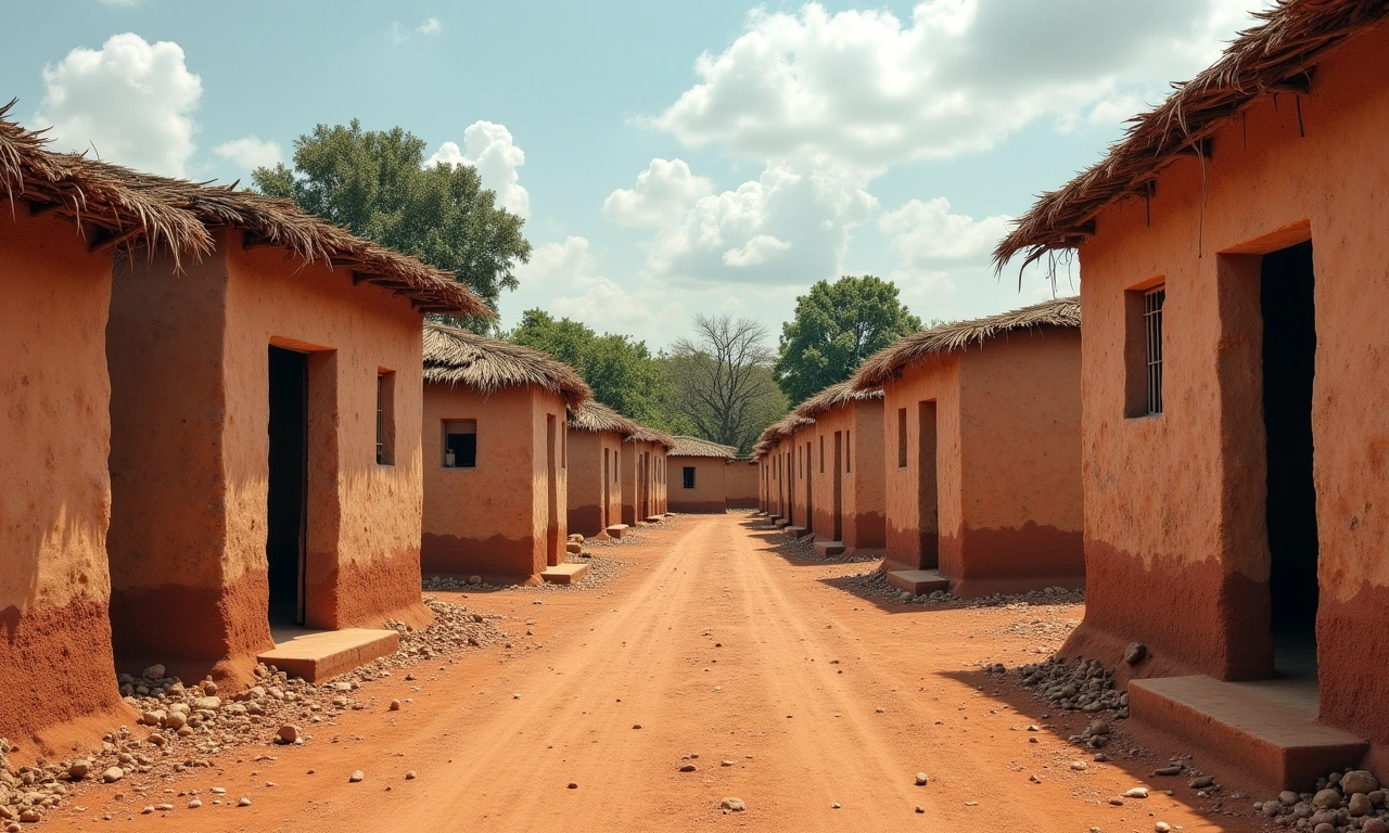 Photorealistic image showcasing the exteriors of weathered, unpainted homes constructed from basic materials in a rural African village. The scene should convey a sense of sparseness and the environmental challenges of the area, focusing on the textures and lack of vibrant color., photorealistic, 8k, highly detailed, cinematic lighting