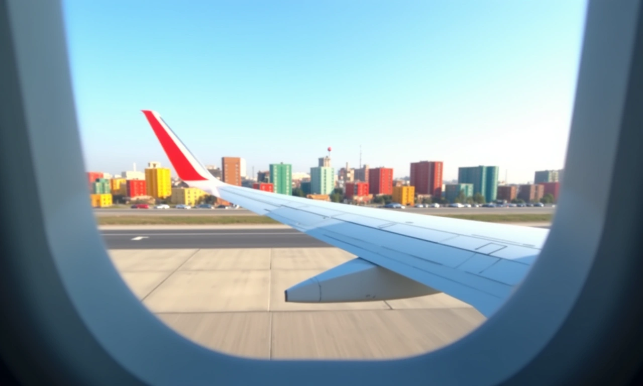 Photorealistic image of an airplane wing visible through an airport window, overlooking a cityscape of colorful buildings on a bright, sunny day. Focus on the vibrant hues of the buildings from a distance, no faces, emphasizing the colorful architecture., photorealistic, 8k, highly detailed, cinematic lighting