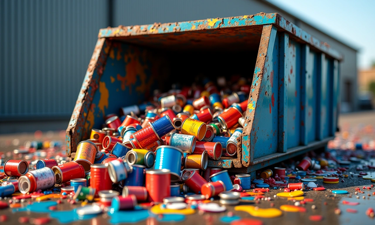 Photorealistic image of discarded paint cans overflowing from a large industrial dumpster, with drips and spills creating a colorful yet wasteful scene. The focus is on the sheer volume of paint and the environmental implications., photorealistic, 8k, highly detailed, cinematic lighting
