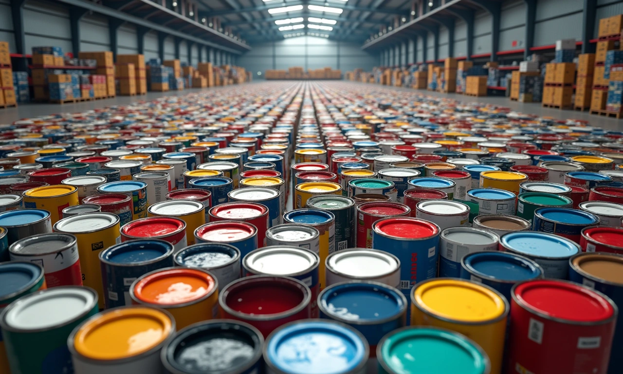 Photorealistic image featuring a large quantity of assorted paint cans neatly organized on pallets in a warehouse. The scene should emphasize the variety of colors and the scale of the paint collection operation, seen from an elevated angle., photorealistic, 8k, highly detailed, cinematic lighting