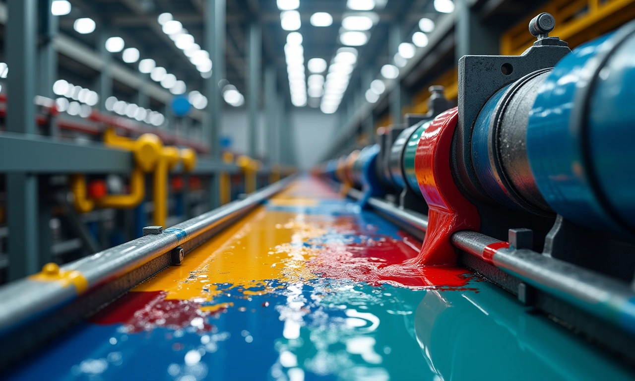Photorealistic image of a paint recycling facility, with machinery processing used paint. Focus on the industrial equipment, conveyor belts, and containers, with paint being mixed and processed. No faces., photorealistic, 8k, highly detailed, cinematic lighting