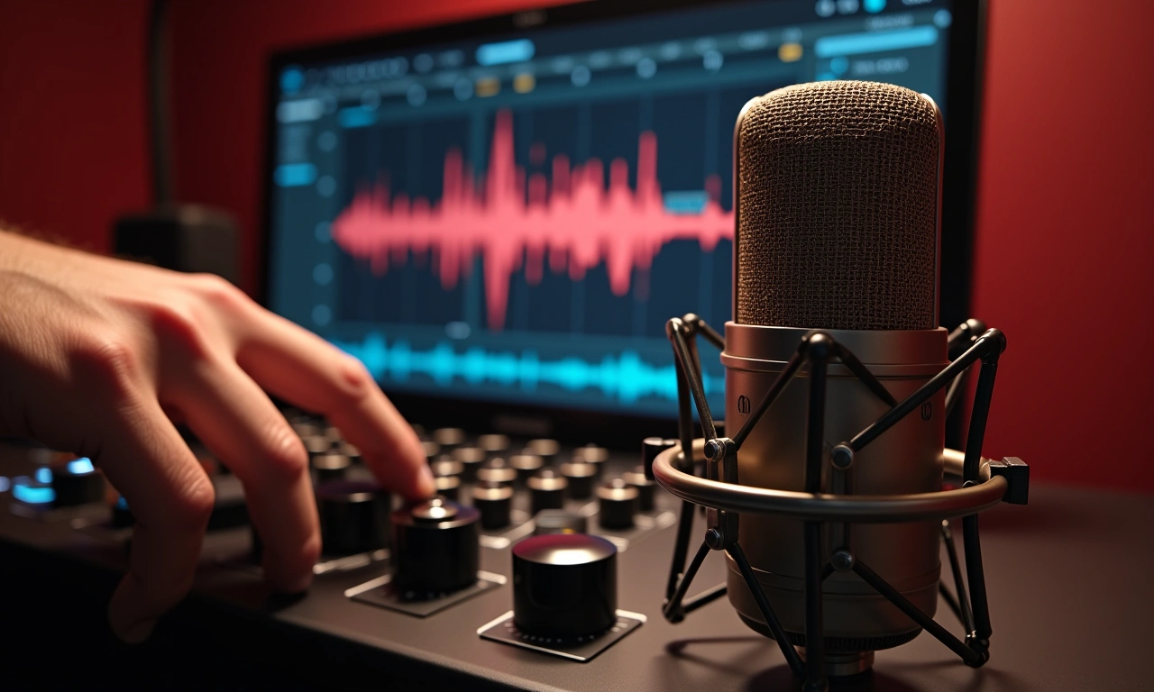 Hands adjusting the knobs of a vintage microphone in a soundproof recording booth, with sound waves visualized on a digital interface in the background., photorealistic, 8k, highly detailed, cinematic lighting