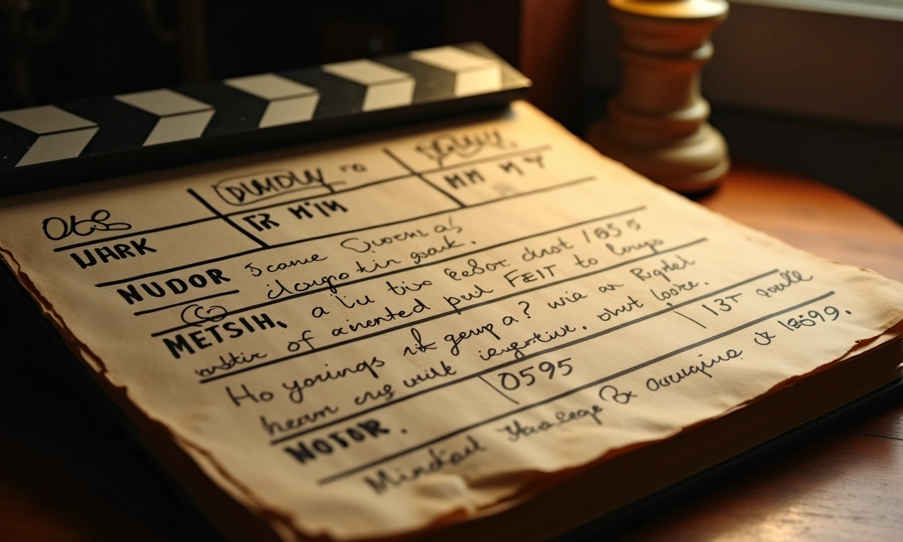 Vintage film slate resting on a worn script, highlighting handwritten notes and revisions, bathed in warm studio light., photorealistic, 8k, highly detailed, cinematic lighting