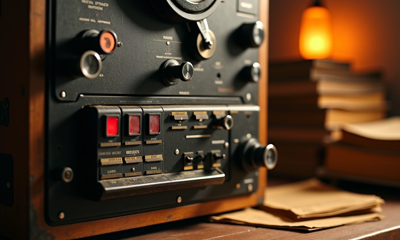 Close-up of a vintage audio recording device capturing sound waves, set against a backdrop of aged Haitian documents and cultural artifacts., photorealistic, 8k, highly detailed, cinematic lighting