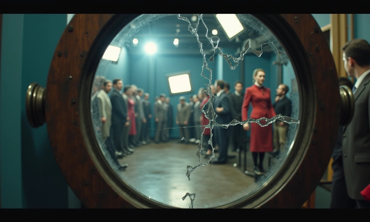 A distorted reflection in a cracked mirror, showing a blurred image of a film set with scattered props and costumes., photorealistic, 8k, highly detailed, cinematic lighting