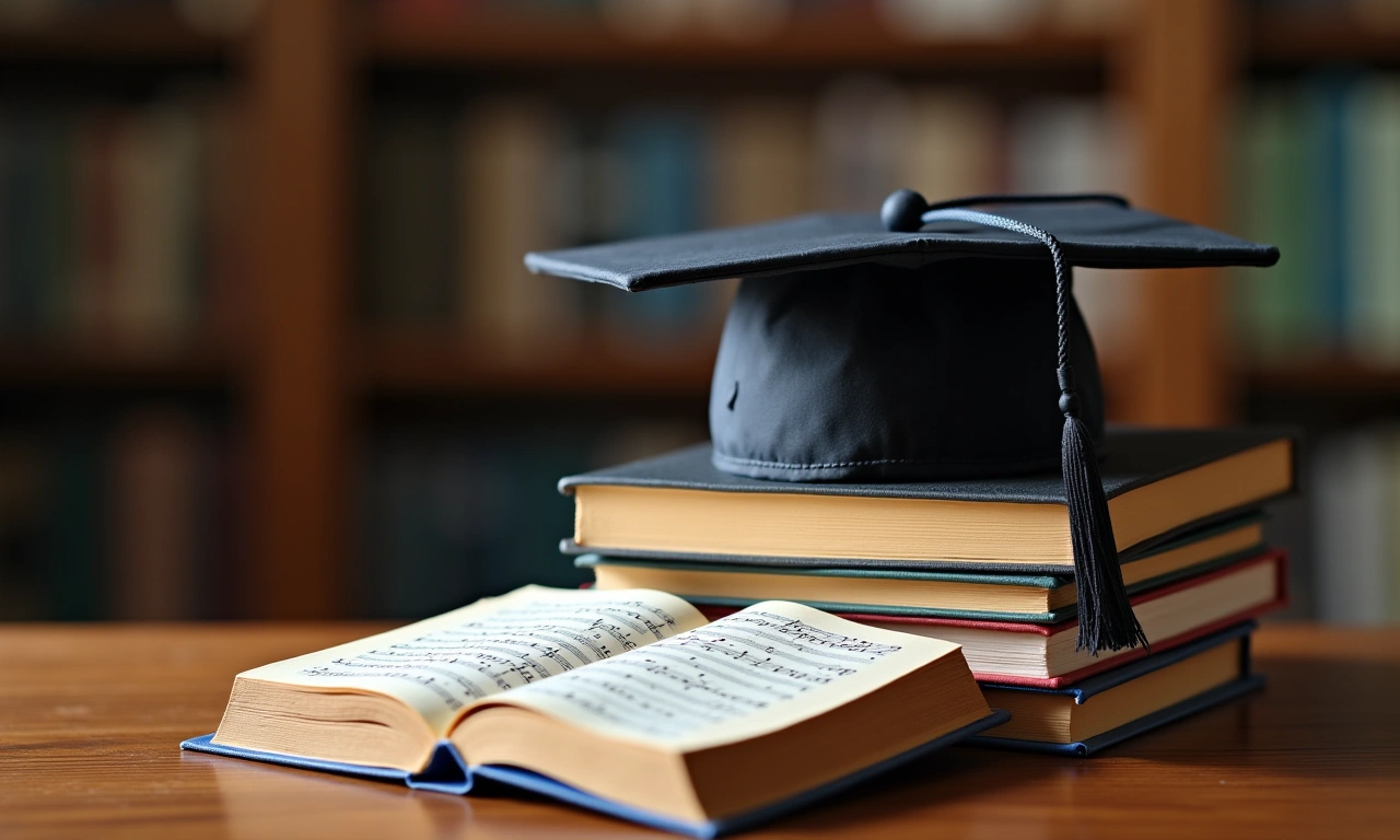 A graduation cap placed on a stack of books with an open music score resting nearby, symbolizing a blend of academic and artistic pursuits., photorealistic, 8k, highly detailed, cinematic lighting